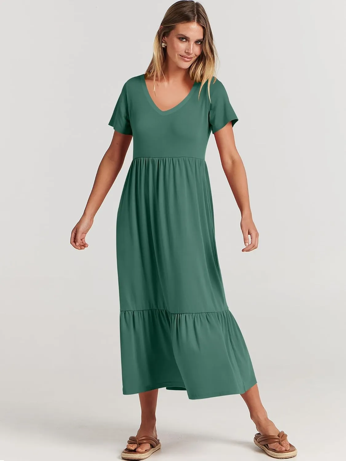 ANRABESS Women's Summer Casual Short Sleeve T Shirts Maxi Dress Flowy V Neck Tiered Beach Vacation Sundress 2025 Outfits
