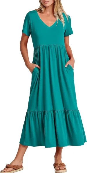 ANRABESS Women's Summer Casual Short Sleeve T Shirts Maxi Dress Flowy V Neck Tiered Beach Vacation Sundress 2025 Outfits