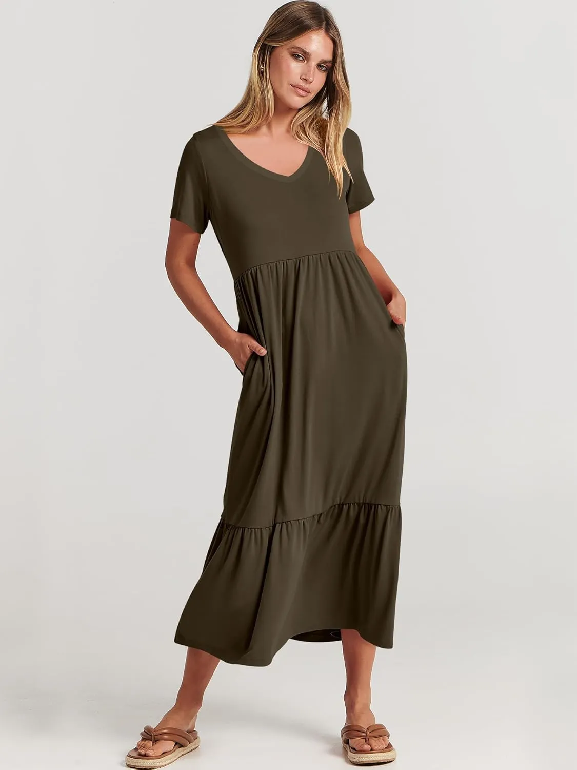 ANRABESS Women's Summer Casual Short Sleeve T Shirts Maxi Dress Flowy V Neck Tiered Beach Vacation Sundress 2025 Outfits