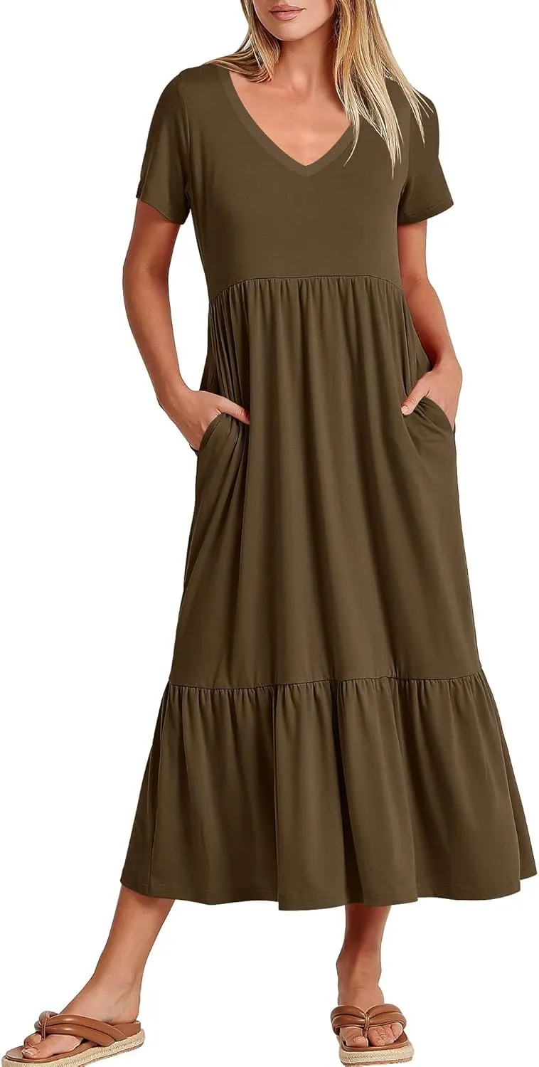 ANRABESS Women's Summer Casual Short Sleeve T Shirts Maxi Dress Flowy V Neck Tiered Beach Vacation Sundress 2025 Outfits