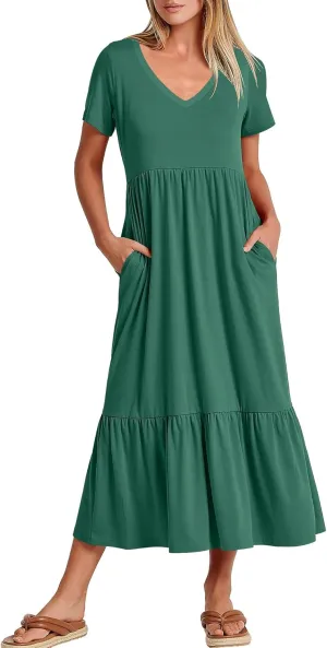 ANRABESS Women's Summer Casual Short Sleeve T Shirts Maxi Dress Flowy V Neck Tiered Beach Vacation Sundress 2025 Outfits