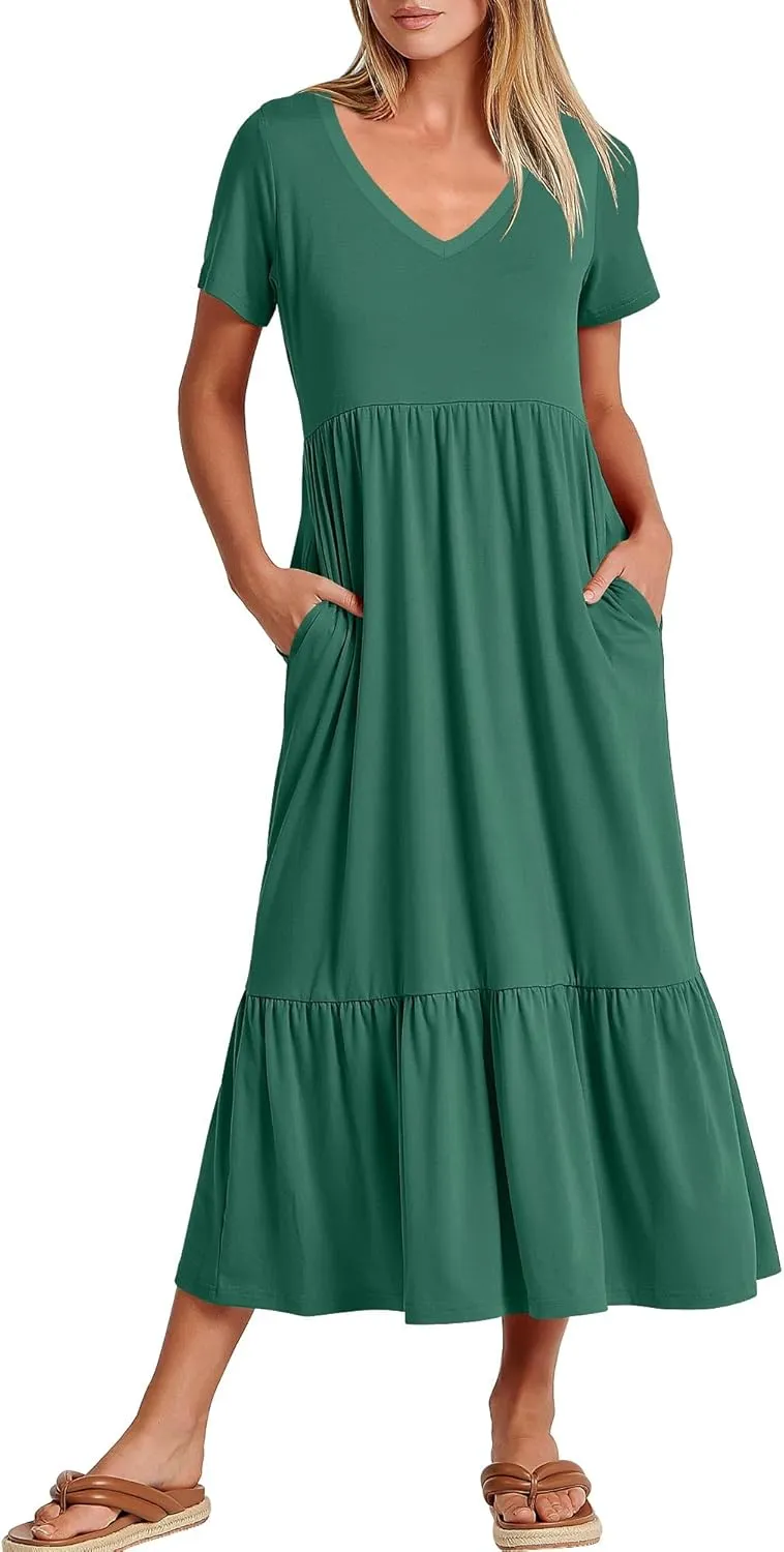 ANRABESS Women's Summer Casual Short Sleeve T Shirts Maxi Dress Flowy V Neck Tiered Beach Vacation Sundress 2025 Outfits