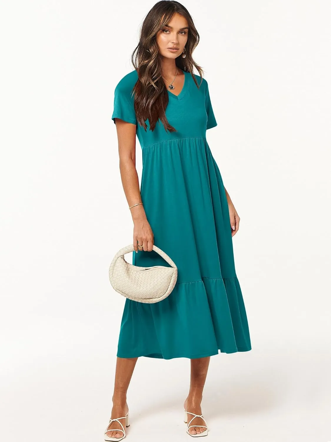 ANRABESS Women's Summer Casual Short Sleeve T Shirts Maxi Dress Flowy V Neck Tiered Beach Vacation Sundress 2025 Outfits