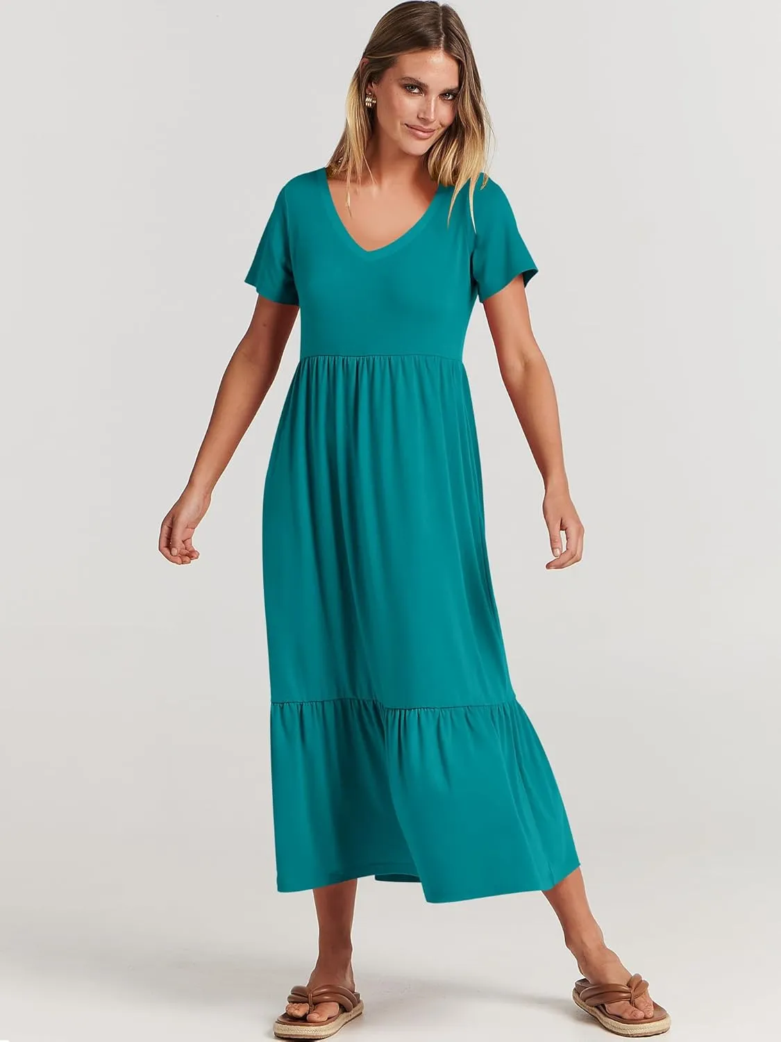 ANRABESS Women's Summer Casual Short Sleeve T Shirts Maxi Dress Flowy V Neck Tiered Beach Vacation Sundress 2025 Outfits