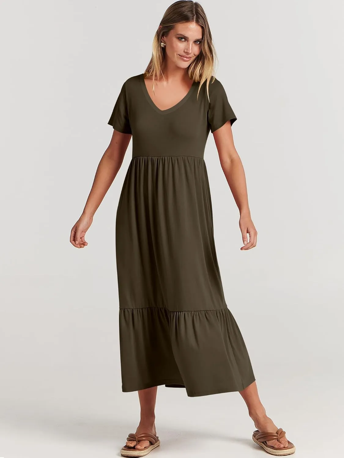 ANRABESS Women's Summer Casual Short Sleeve T Shirts Maxi Dress Flowy V Neck Tiered Beach Vacation Sundress 2025 Outfits