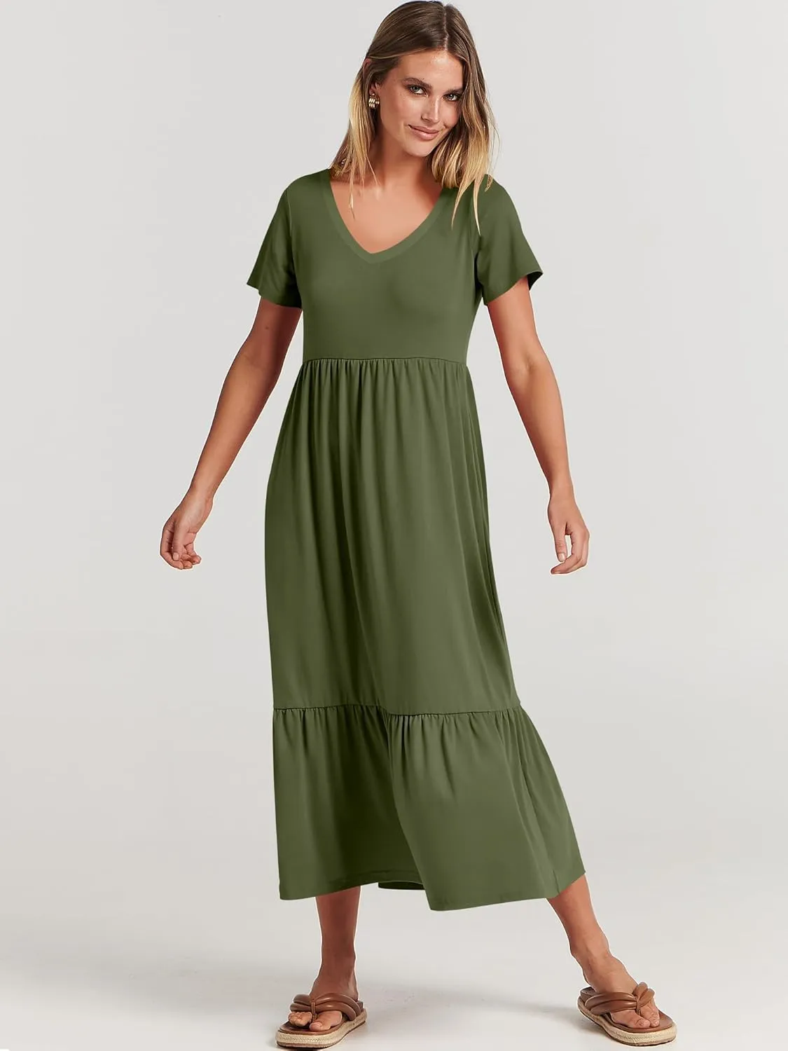 ANRABESS Women's Summer Casual Short Sleeve T Shirts Maxi Dress Flowy V Neck Tiered Beach Vacation Sundress 2025 Outfits