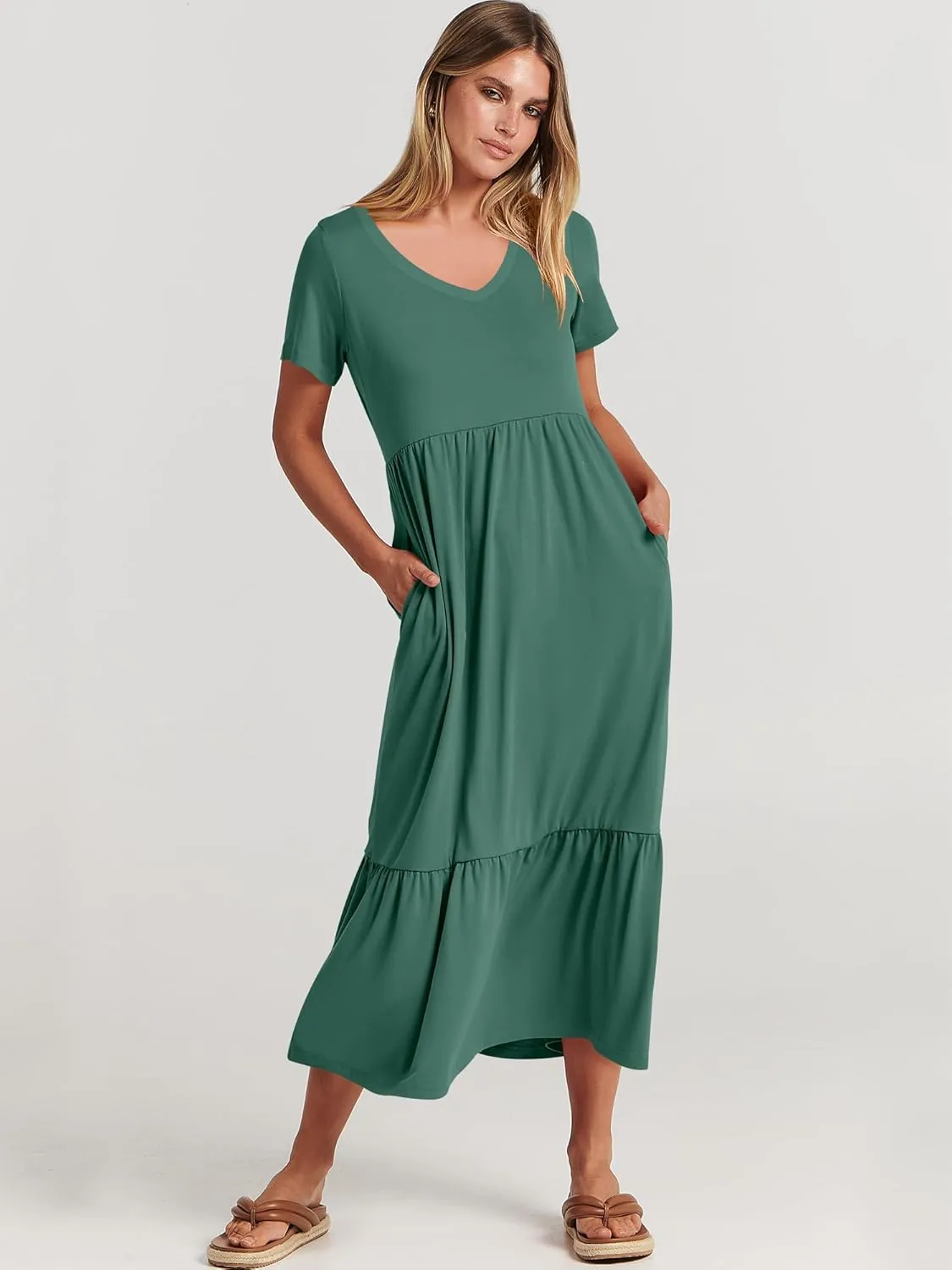 ANRABESS Women's Summer Casual Short Sleeve T Shirts Maxi Dress Flowy V Neck Tiered Beach Vacation Sundress 2025 Outfits