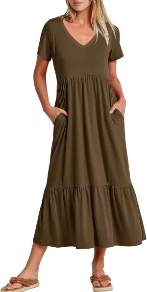 ANRABESS Women's Summer Casual Short Sleeve T Shirts Maxi Dress Flowy V Neck Tiered Beach Vacation Sundress 2025 Outfits