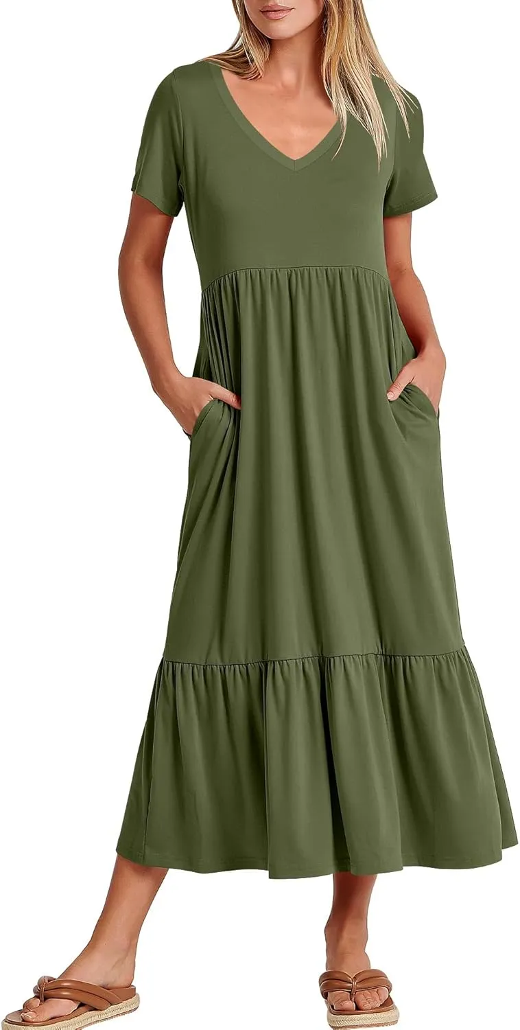 ANRABESS Women's Summer Casual Short Sleeve T Shirts Maxi Dress Flowy V Neck Tiered Beach Vacation Sundress 2025 Outfits