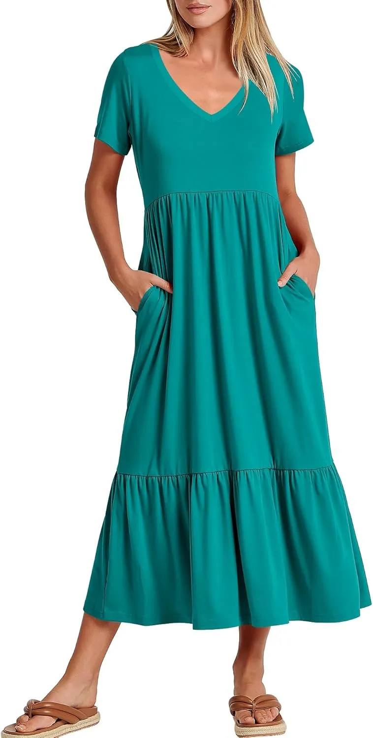 ANRABESS Women's Summer Casual Short Sleeve T Shirts Maxi Dress Flowy V Neck Tiered Beach Vacation Sundress 2025 Outfits