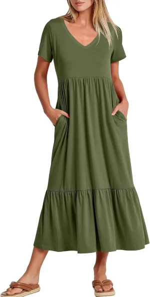 ANRABESS Women's Summer Casual Short Sleeve T Shirts Maxi Dress Flowy V Neck Tiered Beach Vacation Sundress 2025 Outfits