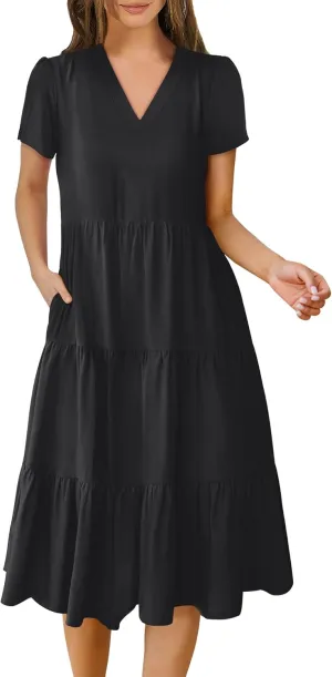 ANRABESS Women's Summer Casual Short Sleeve V Neck Midi Dresses 2025 Spring Flowy A-line Tiered T Shirts Boho Beach Dress