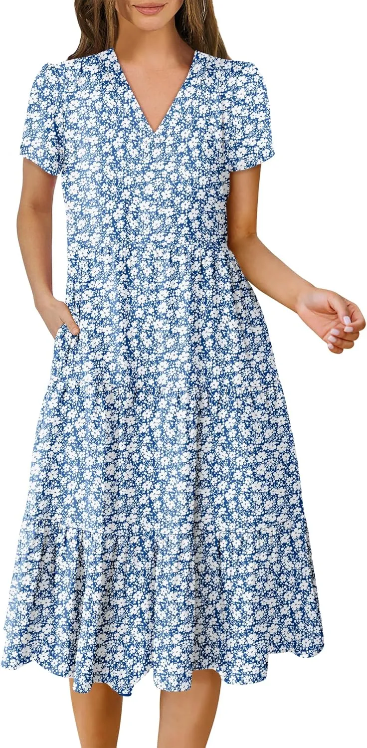 ANRABESS Women's Summer Casual Short Sleeve V Neck Midi Dresses 2025 Spring Flowy A-line Tiered T Shirts Boho Beach Dress