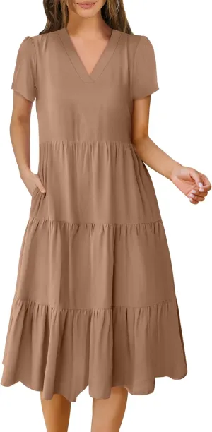 ANRABESS Women's Summer Casual Short Sleeve V Neck Midi Dresses 2025 Spring Flowy A-line Tiered T Shirts Boho Beach Dress