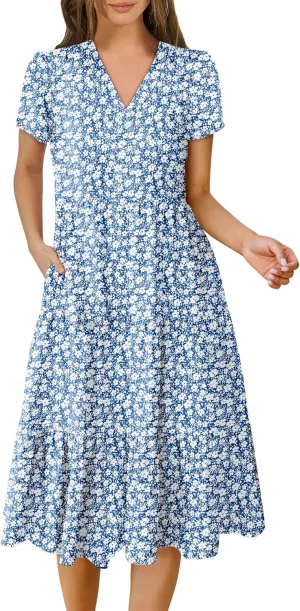 ANRABESS Women's Summer Casual Short Sleeve V Neck Midi Dresses 2025 Spring Flowy A-line Tiered T Shirts Boho Beach Dress