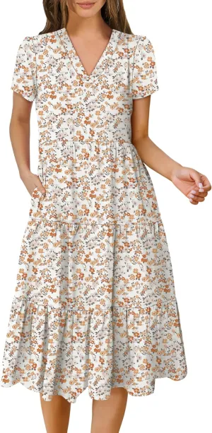 ANRABESS Women's Summer Casual Short Sleeve V Neck Midi Dresses 2025 Spring Flowy A-line Tiered T Shirts Boho Beach Dress
