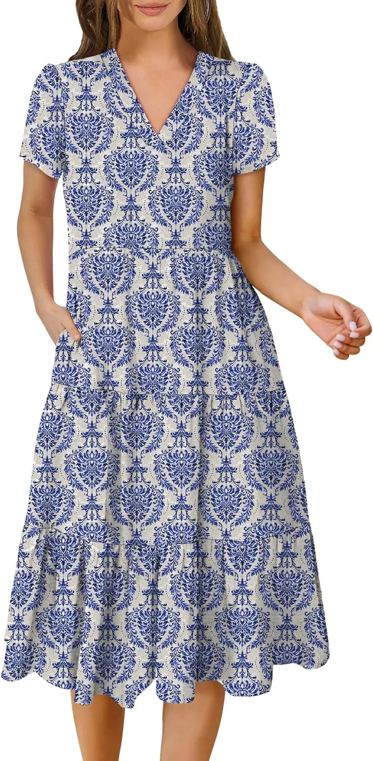 ANRABESS Women's Summer Casual Short Sleeve V Neck Midi Dresses 2025 Spring Flowy A-line Tiered T Shirts Boho Beach Dress