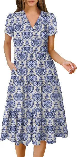 ANRABESS Women's Summer Casual Short Sleeve V Neck Midi Dresses 2025 Spring Flowy A-line Tiered T Shirts Boho Beach Dress