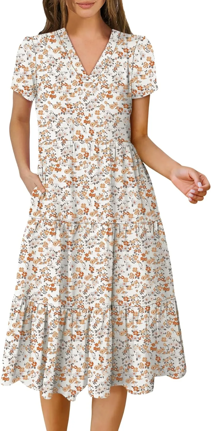 ANRABESS Women's Summer Casual Short Sleeve V Neck Midi Dresses 2025 Spring Flowy A-line Tiered T Shirts Boho Beach Dress