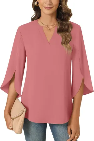 Anyally Women's Chiffon Blouses 3/4 Sleeve Summer Dressy Tunic Tops Casual Loose V Neck T-Shirts