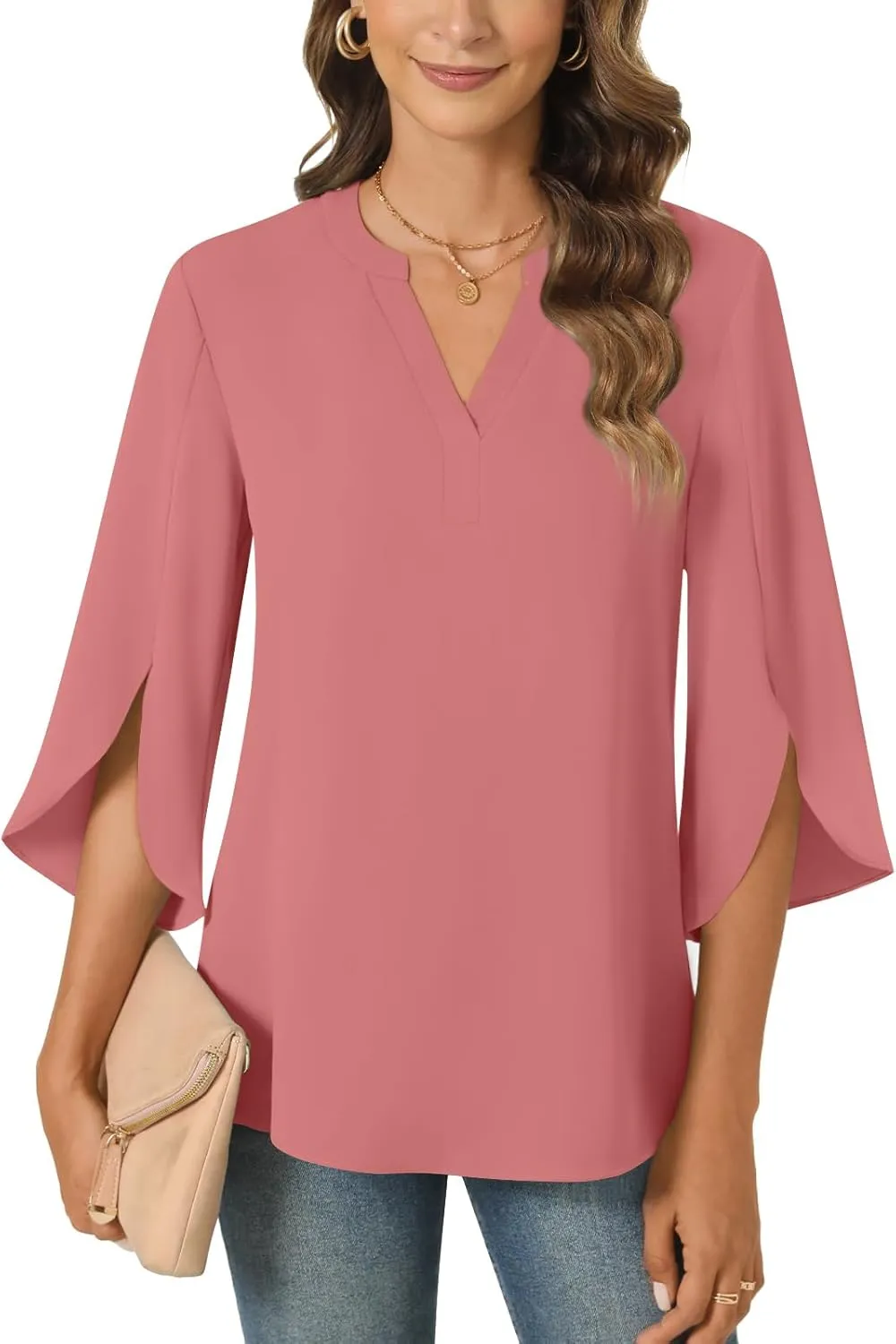 Anyally Women's Chiffon Blouses 3/4 Sleeve Summer Dressy Tunic Tops Casual Loose V Neck T-Shirts