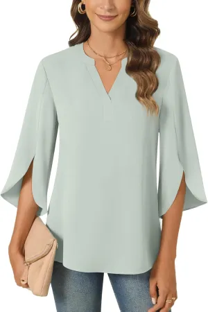 Anyally Women's Chiffon Blouses 3/4 Sleeve Summer Dressy Tunic Tops Casual Loose V Neck T-Shirts