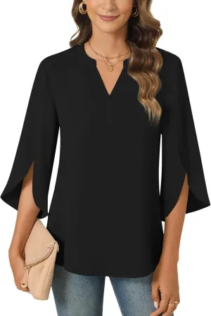Anyally Women's Chiffon Blouses 3/4 Sleeve Summer Dressy Tunic Tops Casual Loose V Neck T-Shirts