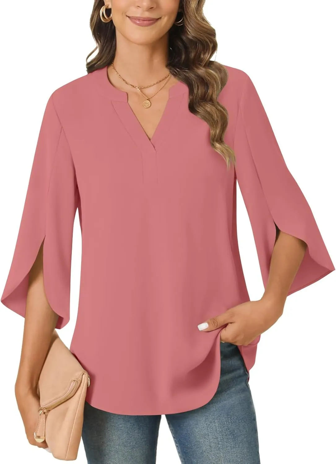 Anyally Women's Chiffon Blouses 3/4 Sleeve Summer Dressy Tunic Tops Casual Loose V Neck T-Shirts