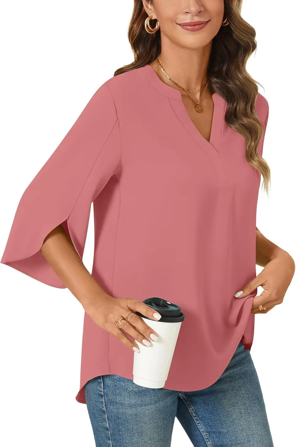 Anyally Women's Chiffon Blouses 3/4 Sleeve Summer Dressy Tunic Tops Casual Loose V Neck T-Shirts