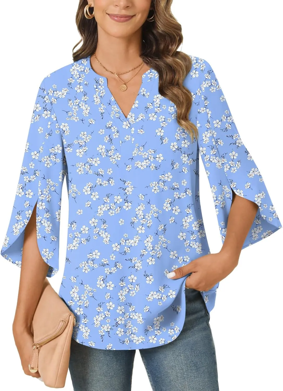 Anyally Women's Chiffon Blouses 3/4 Sleeve Summer Dressy Tunic Tops Casual Loose V Neck T-Shirts