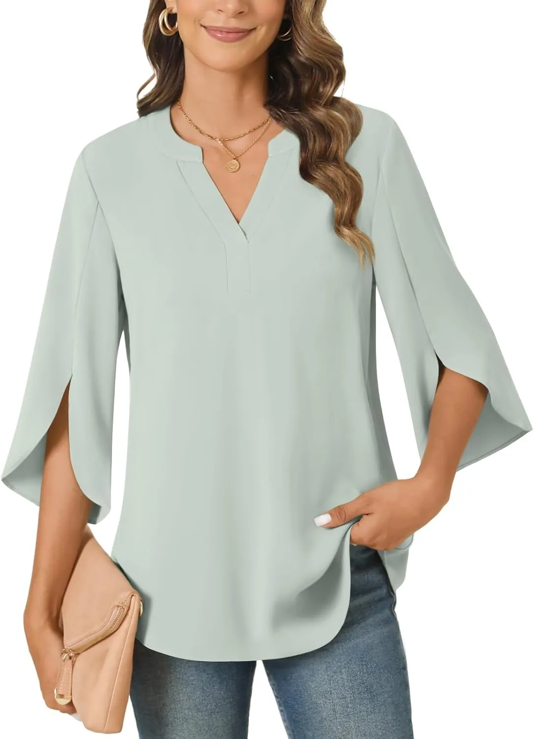Anyally Women's Chiffon Blouses 3/4 Sleeve Summer Dressy Tunic Tops Casual Loose V Neck T-Shirts