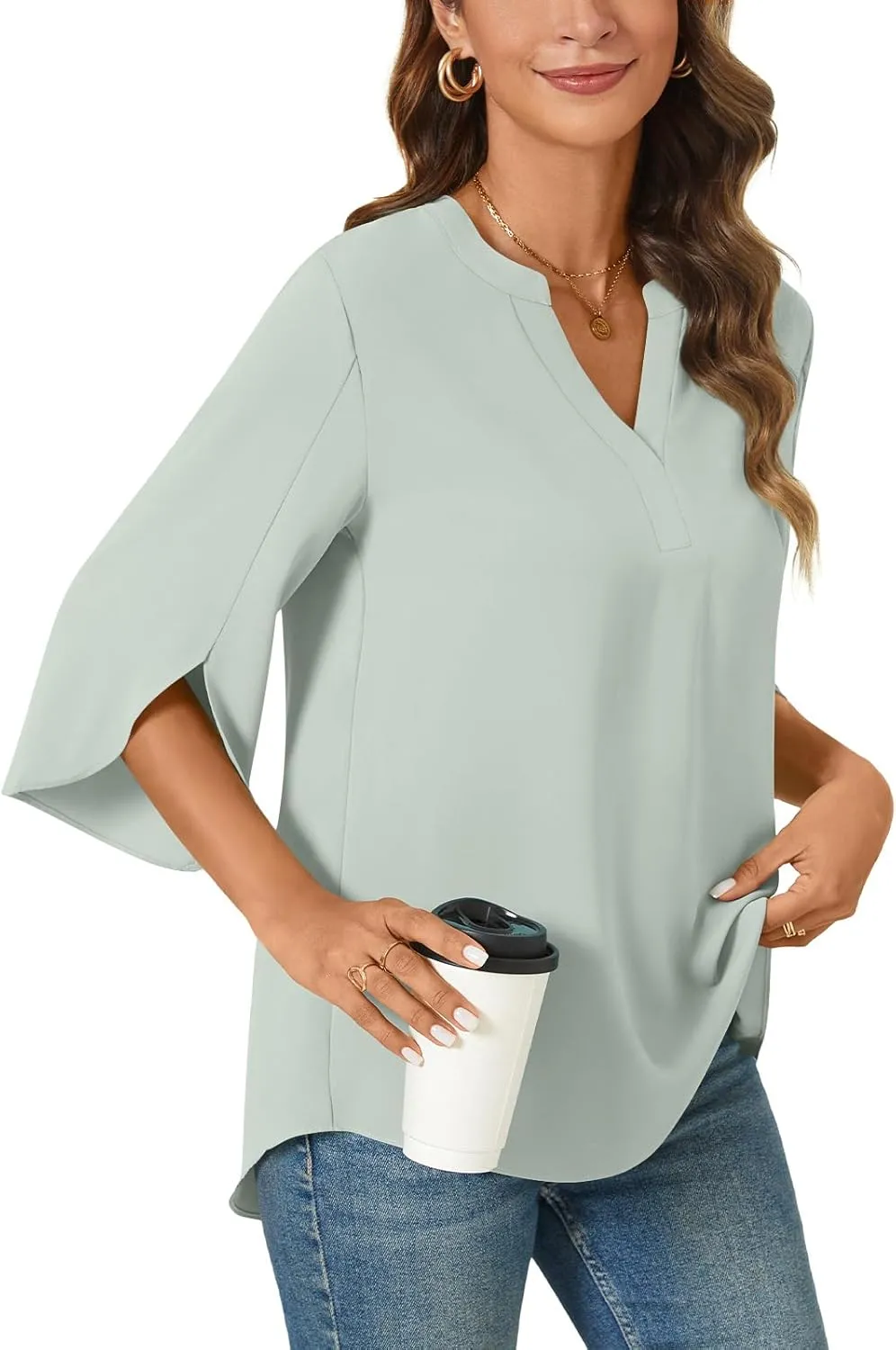 Anyally Women's Chiffon Blouses 3/4 Sleeve Summer Dressy Tunic Tops Casual Loose V Neck T-Shirts