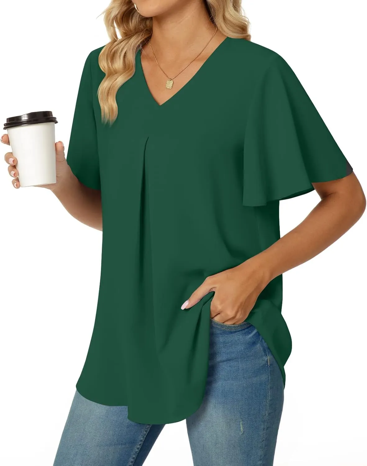 Anyally Womens Summer Dressy Chiffon Blouses V Neck 2025 Short Sleeve Tunic Tops for Leggings Casual T-Shirts