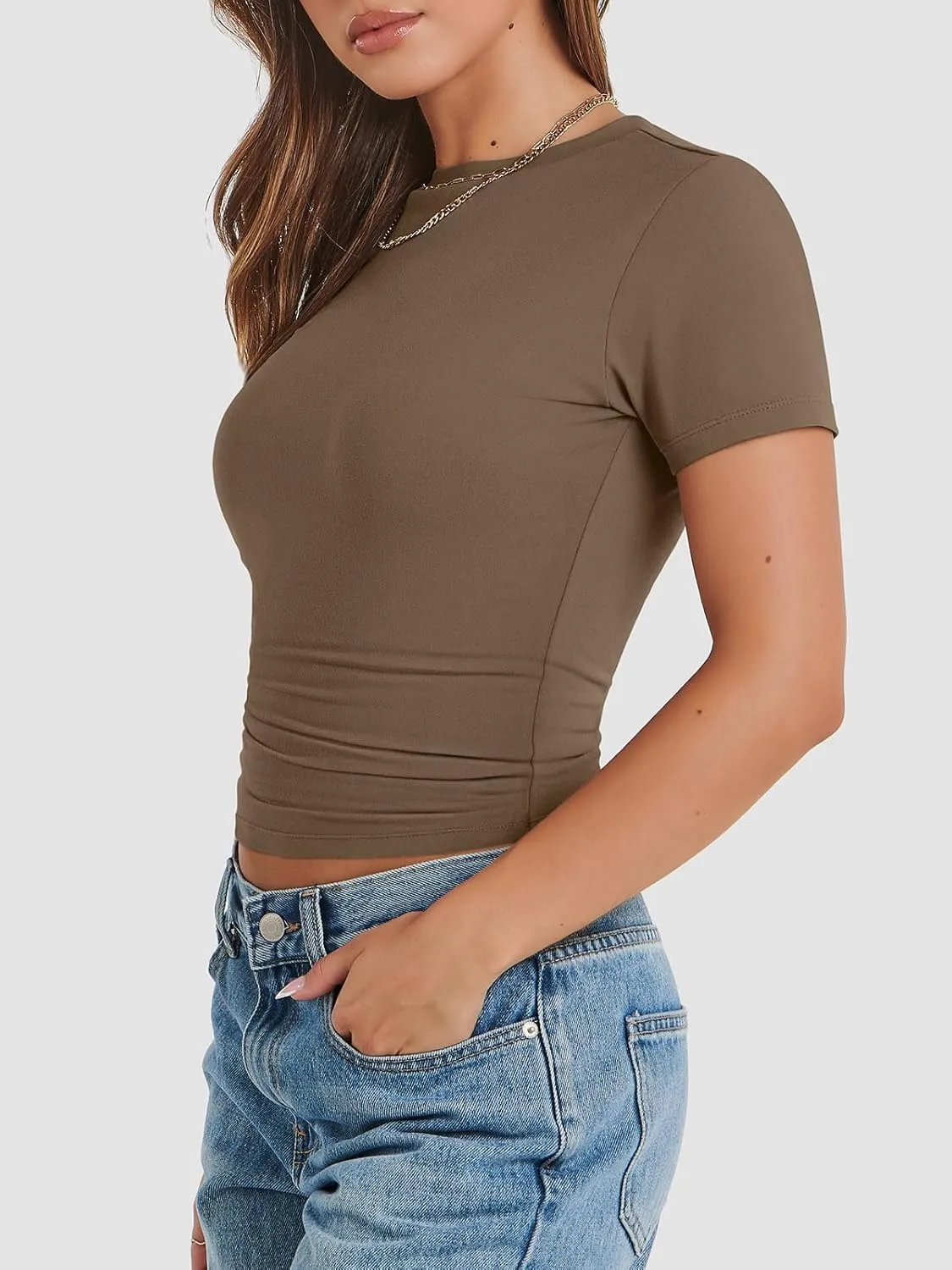 ATHMILE Womens Basic T-Shirts Going Out Crop Tops Tight Slim Fit Cute Teen Girls Short Sleeve/Long Sleeve Y2k Clothes