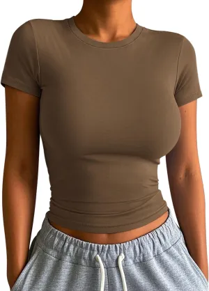 ATHMILE Womens Basic T-Shirts Going Out Crop Tops Tight Slim Fit Cute Teen Girls Short Sleeve/Long Sleeve Y2k Clothes