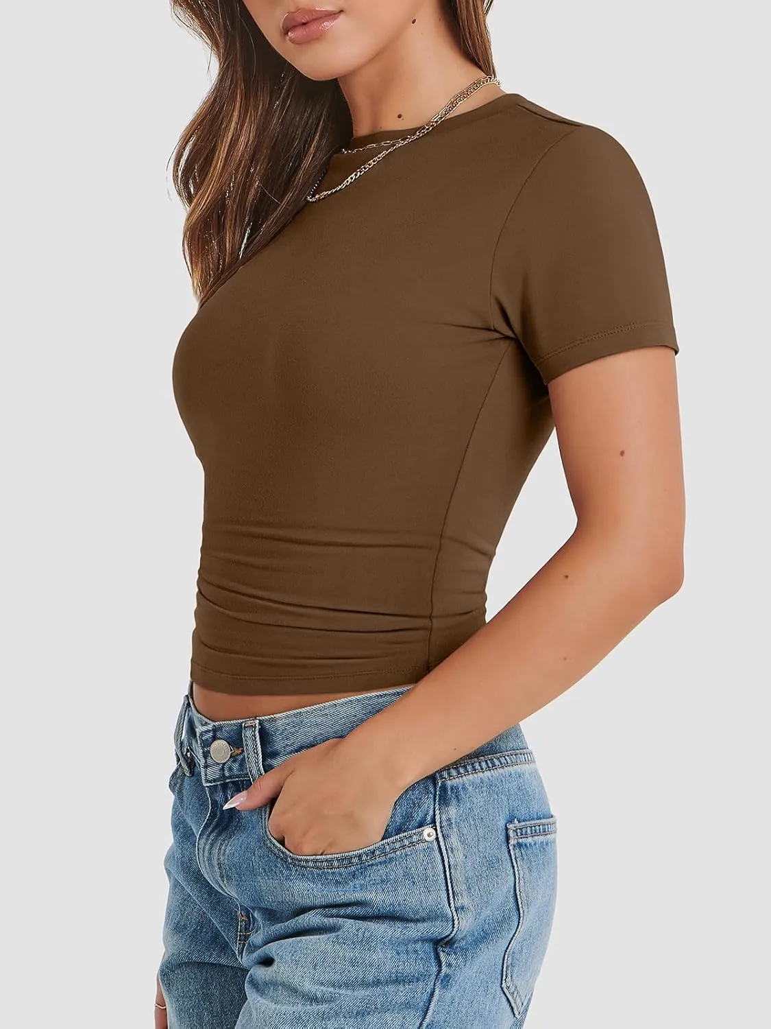 ATHMILE Womens Basic T-Shirts Going Out Crop Tops Tight Slim Fit Cute Teen Girls Short Sleeve/Long Sleeve Y2k Clothes
