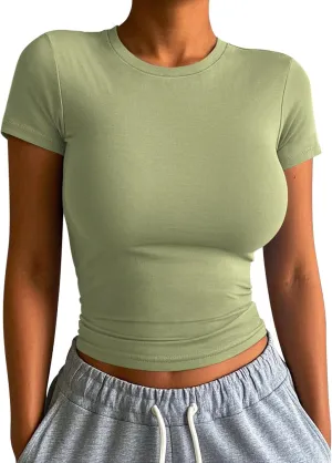 ATHMILE Womens Basic T-Shirts Going Out Crop Tops Tight Slim Fit Cute Teen Girls Short Sleeve/Long Sleeve Y2k Clothes
