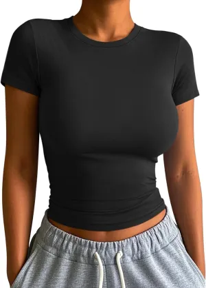 ATHMILE Womens Basic T-Shirts Going Out Crop Tops Tight Slim Fit Cute Teen Girls Short Sleeve/Long Sleeve Y2k Clothes
