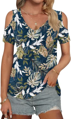 AUSELILY Womens Summer T Shirts Casual Ladies V Neck Tops Short Sleeve Cold Shoulder Loose Fit Blouse 2025 Trendy Clothing