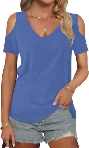 AUSELILY Womens Summer T Shirts Casual Ladies V Neck Tops Short Sleeve Cold Shoulder Loose Fit Blouse 2025 Trendy Clothing