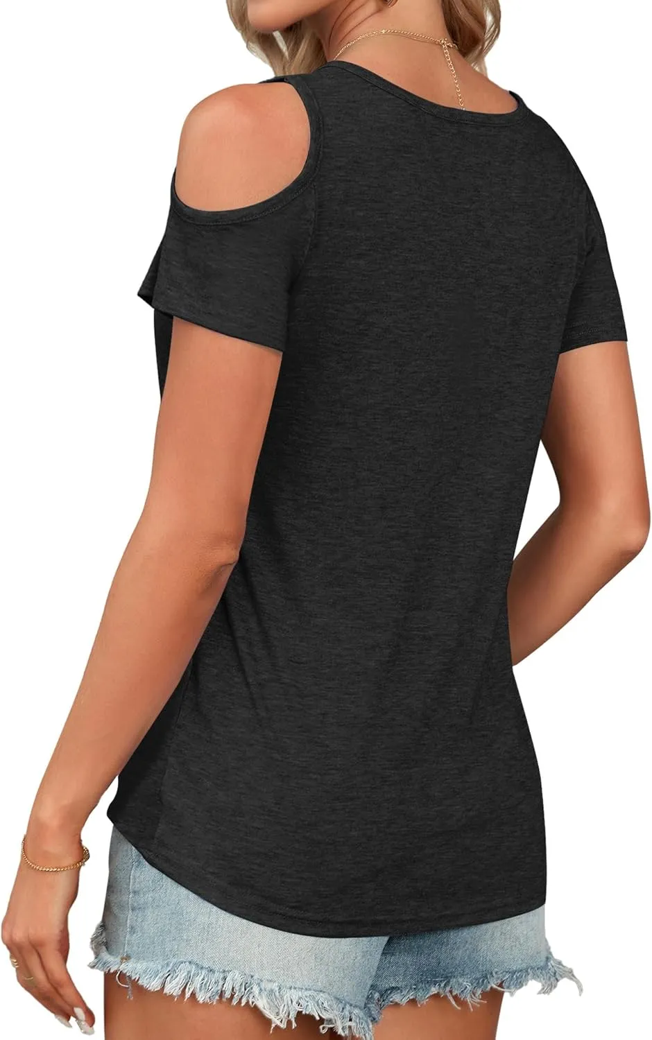 AUSELILY Womens Summer T Shirts Casual Ladies V Neck Tops Short Sleeve Cold Shoulder Loose Fit Blouse 2025 Trendy Clothing