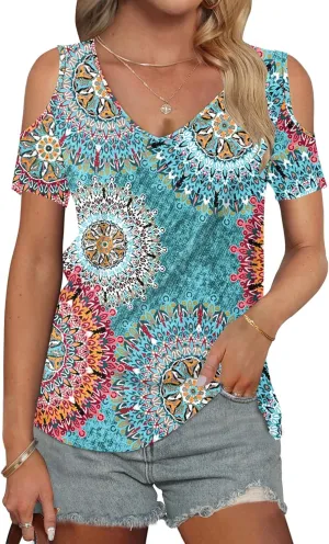 AUSELILY Womens Summer T Shirts Casual Ladies V Neck Tops Short Sleeve Cold Shoulder Loose Fit Blouse 2025 Trendy Clothing