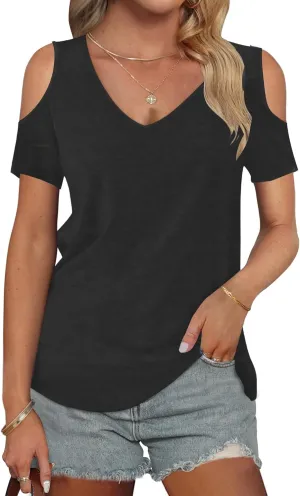 AUSELILY Womens Summer T Shirts Casual Ladies V Neck Tops Short Sleeve Cold Shoulder Loose Fit Blouse 2025 Trendy Clothing