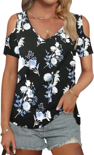 AUSELILY Womens Summer T Shirts Casual Ladies V Neck Tops Short Sleeve Cold Shoulder Loose Fit Blouse 2025 Trendy Clothing