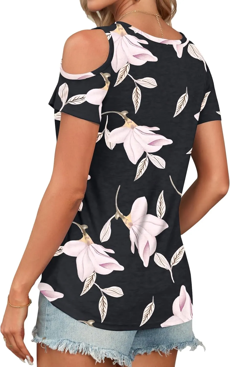 AUSELILY Womens Summer T Shirts Casual Ladies V Neck Tops Short Sleeve Cold Shoulder Loose Fit Blouse 2025 Trendy Clothing