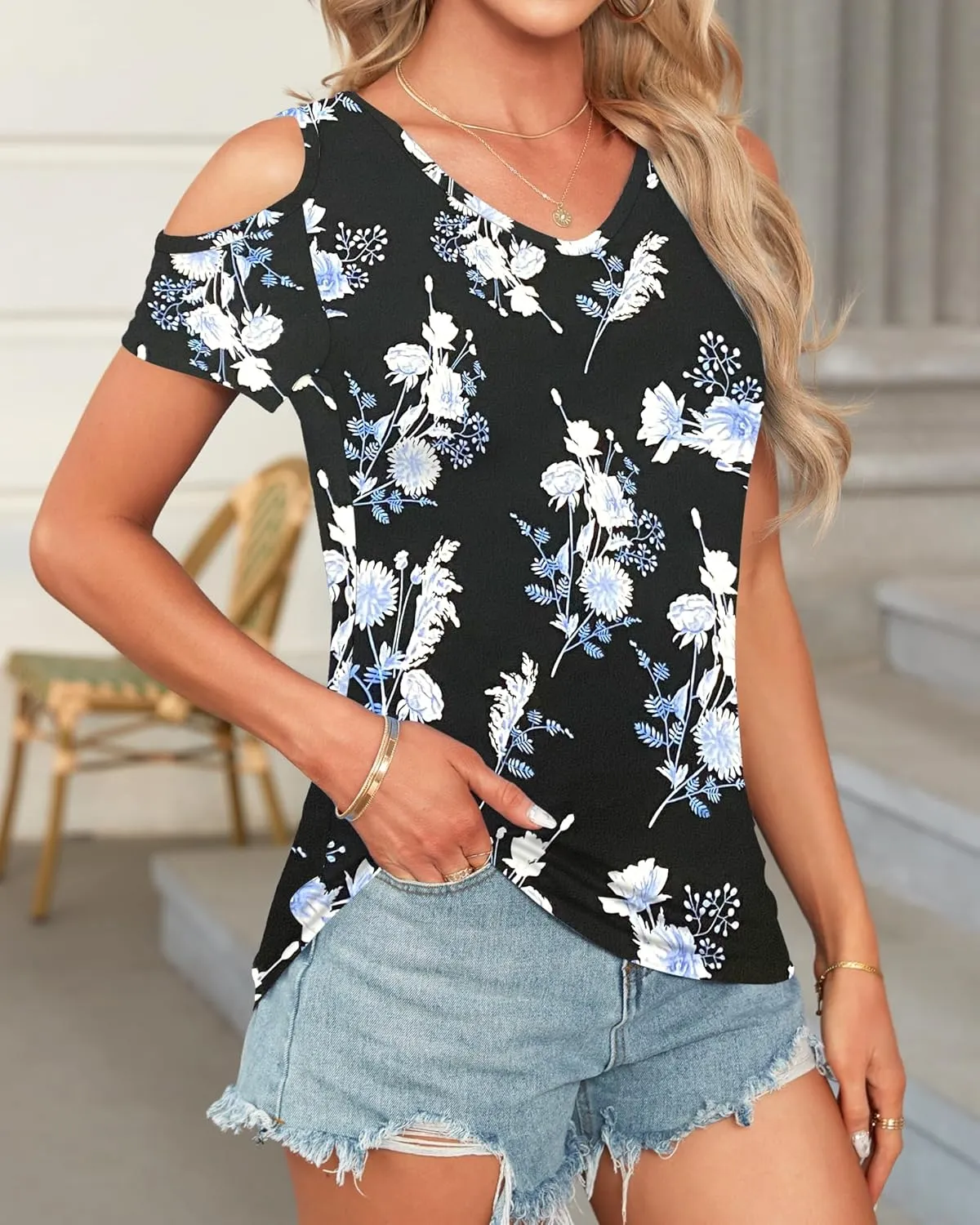 AUSELILY Womens Summer T Shirts Casual Ladies V Neck Tops Short Sleeve Cold Shoulder Loose Fit Blouse 2025 Trendy Clothing