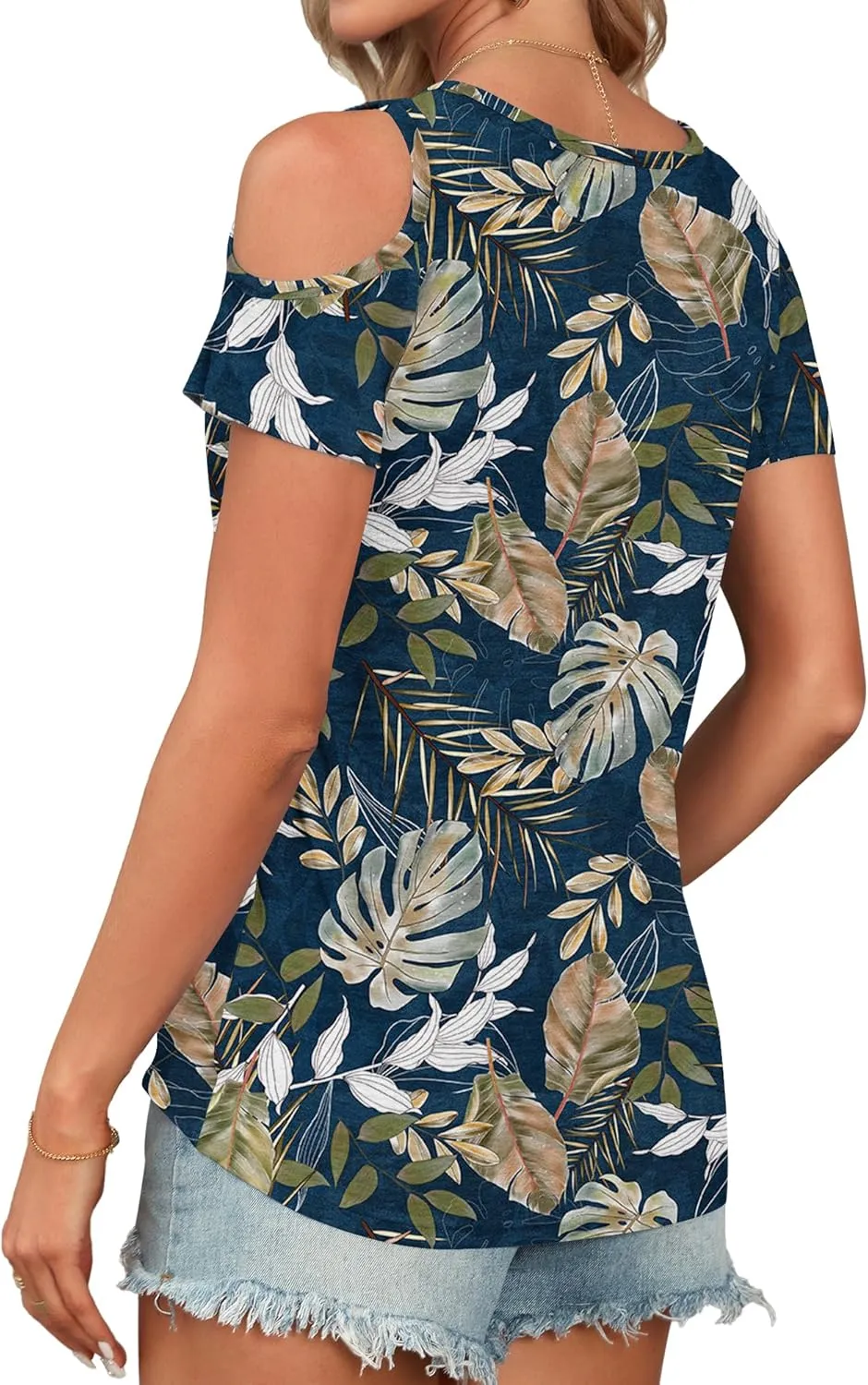 AUSELILY Womens Summer T Shirts Casual Ladies V Neck Tops Short Sleeve Cold Shoulder Loose Fit Blouse 2025 Trendy Clothing