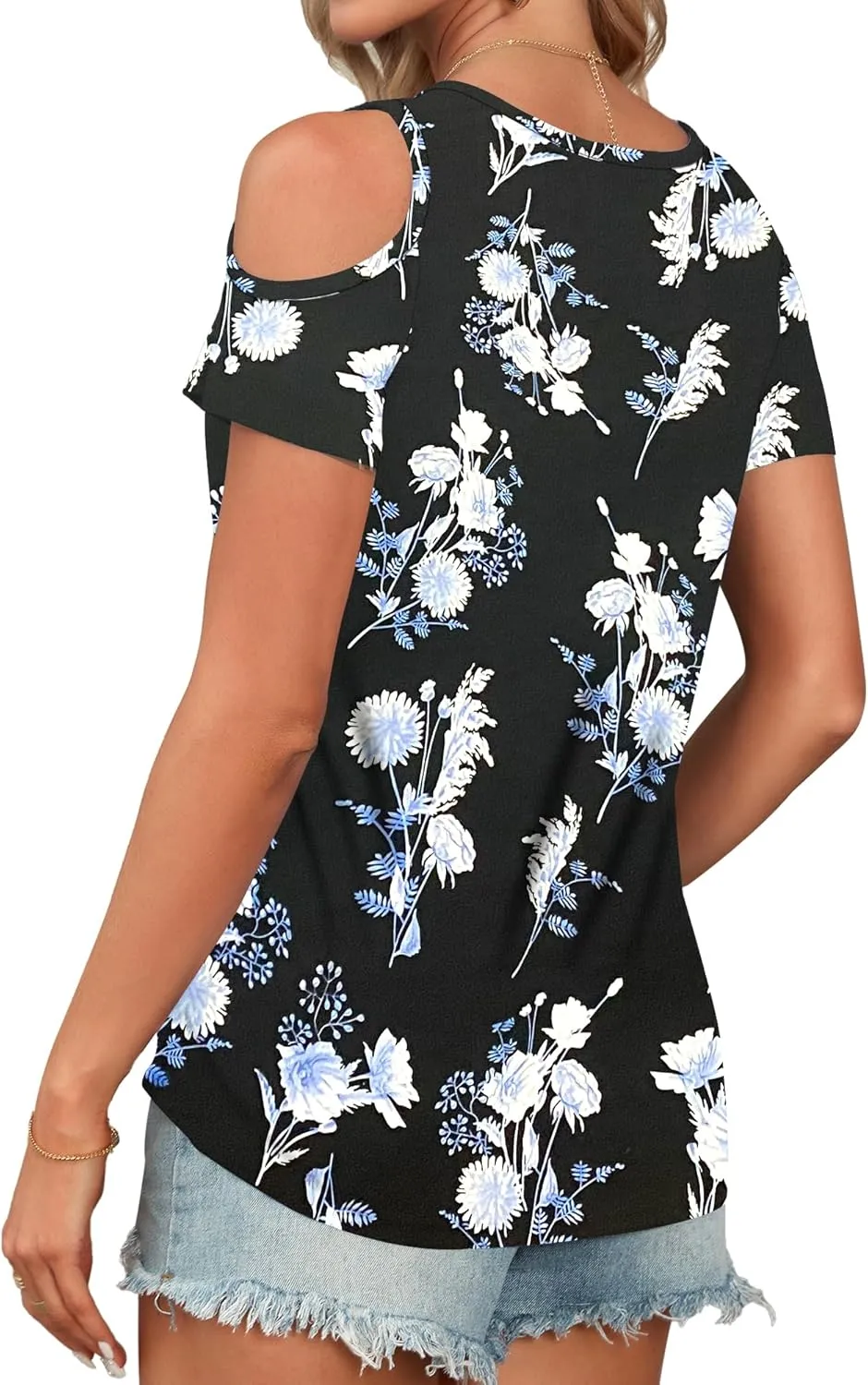 AUSELILY Womens Summer T Shirts Casual Ladies V Neck Tops Short Sleeve Cold Shoulder Loose Fit Blouse 2025 Trendy Clothing
