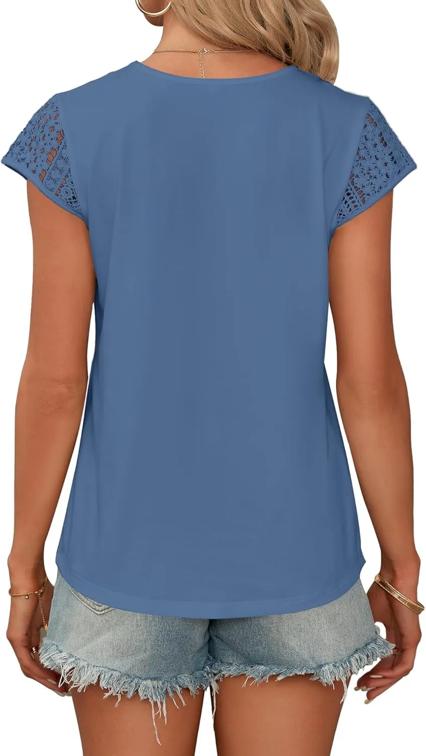 AUSELILY Women's Summer Tops Casual Short Cap Sleeve Crewneck Lace Trim Ladies T Shirts 2025 Trendy