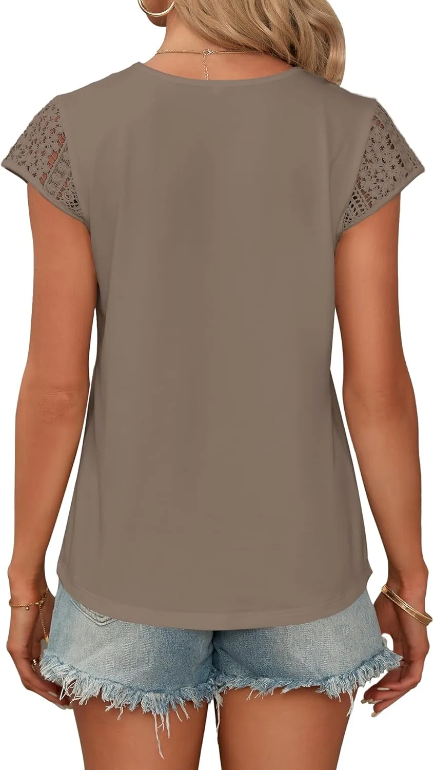 AUSELILY Women's Summer Tops Casual Short Cap Sleeve Crewneck Lace Trim Ladies T Shirts 2025 Trendy